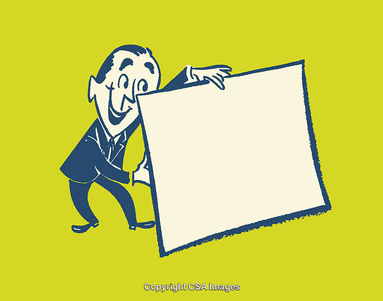Cheerful Businessman Holding Blank Sign on Green Background