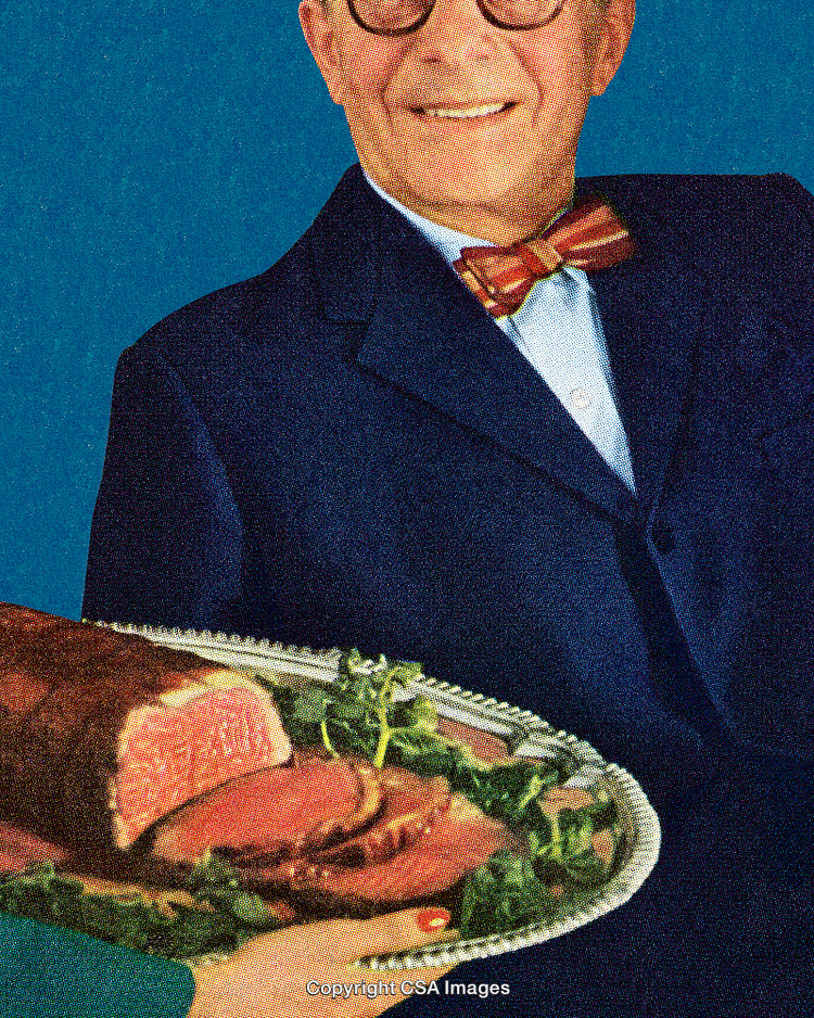 Retro Styled Image Featuring Gentleman with Roast Beef on Platter
