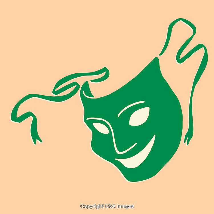 Colorful Line Art of a Smiling Green Mask on a Beige Background