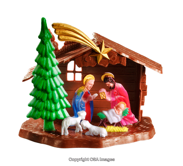 Colorful Plastic Nativity Scene With Holy Family under Stable