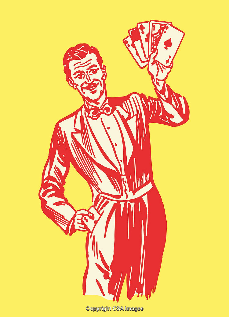 Vintage Illustration of Man Holding Playing Cards on Yellow Background
