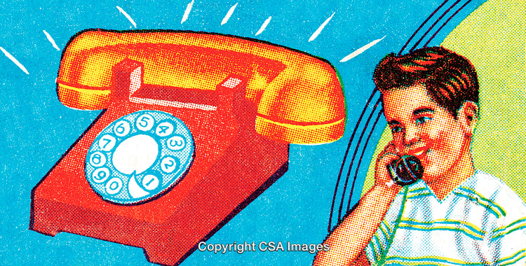 Vintage Illustration of a Boy Using a Rotary Telephone in Bright Colors