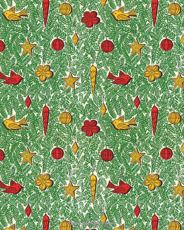Pattern of Christmas Ornaments on Evergreen Branches