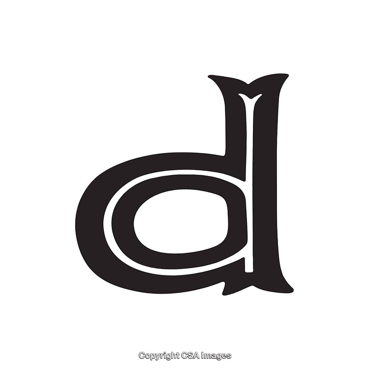 Stylish Black Letter D in a Decorative Typeface on White Background