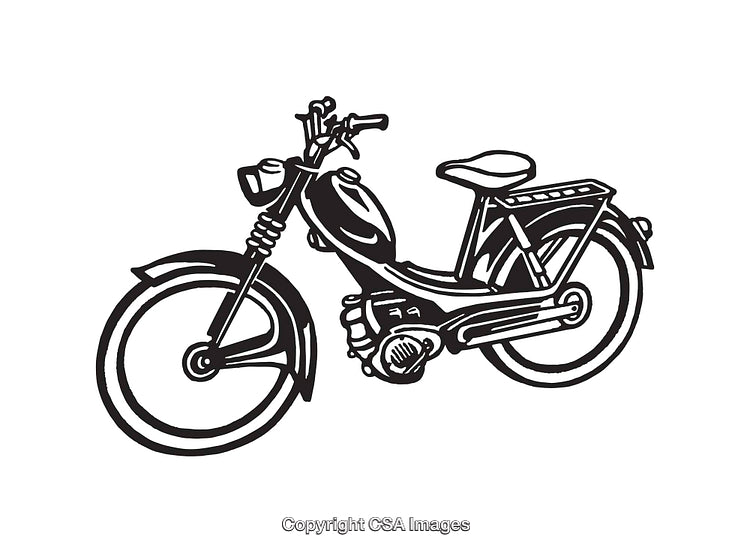 Black and White Line Art Illustration of a Classic Moped