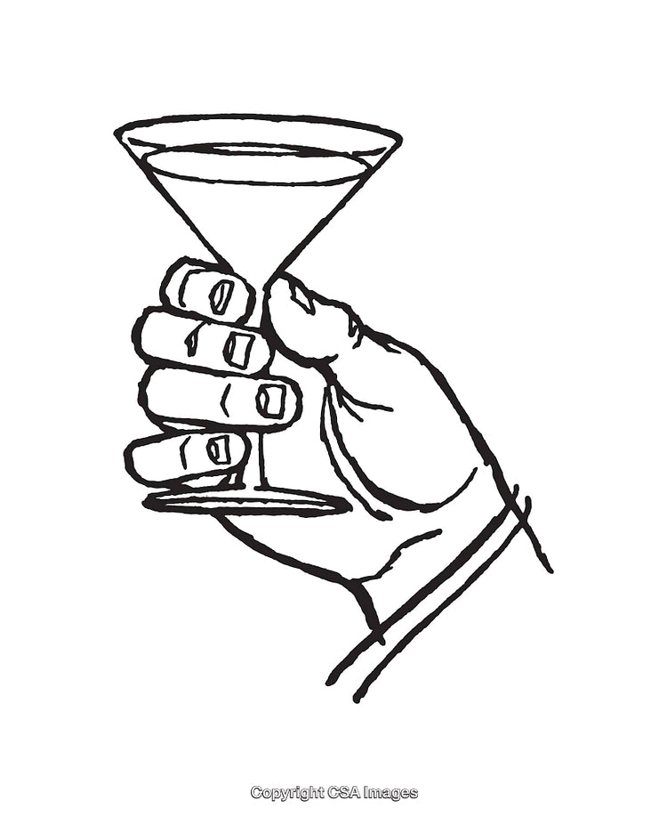 Black and White Line Art of a Hand Holding a Martini Glass