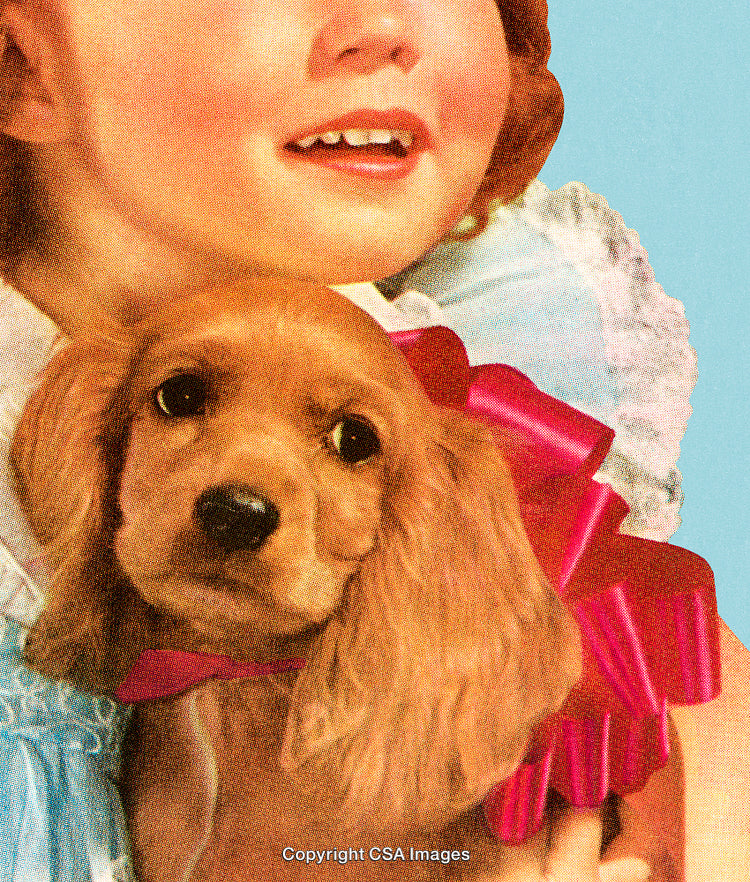 Smiling Child with Puppy and Pink Ribbon Set Against Blue Background