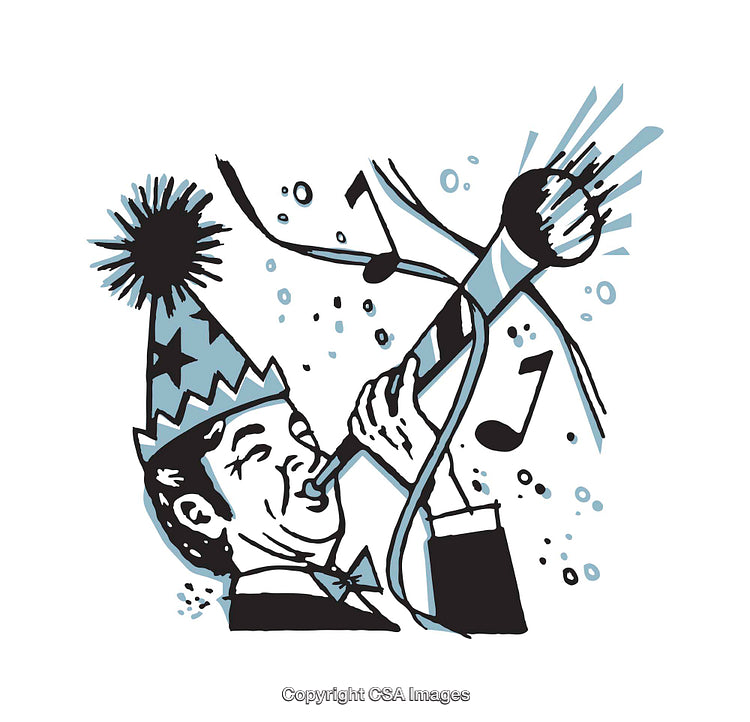 Celebratory Character Illustration with Party Hat and Noise Blower