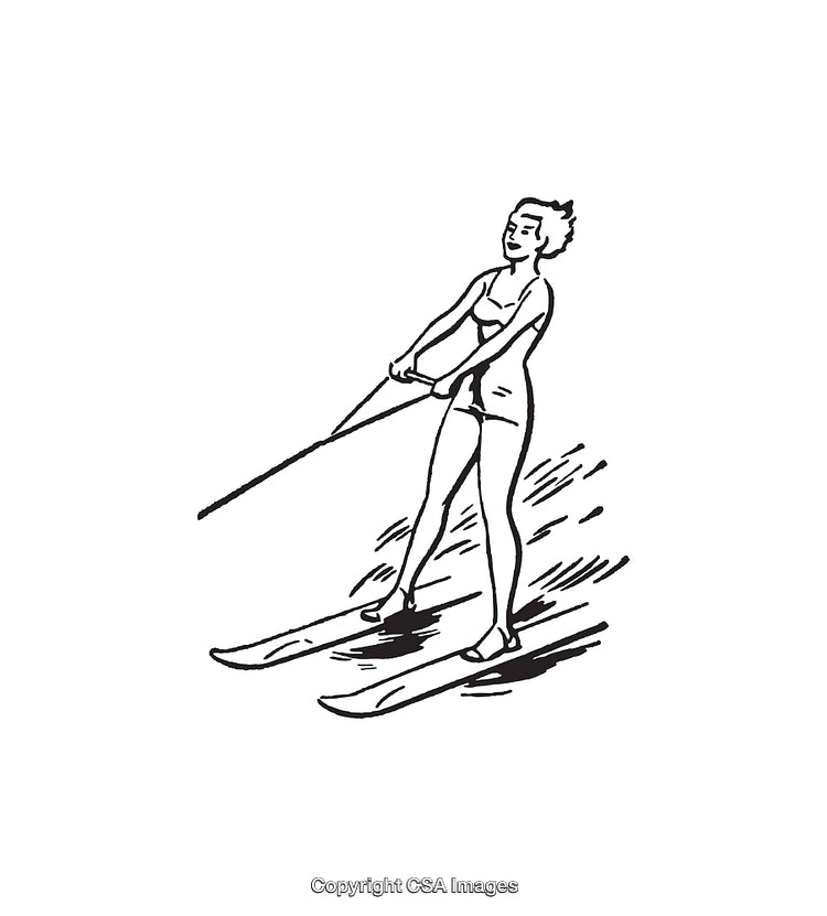 Vintage Black and White Illustration of a Woman Waterskiing