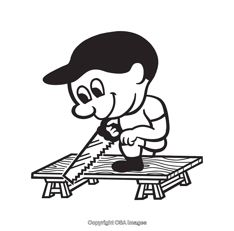 Cartoon Character Sawing Wood on Sawhorse Platform in Black and White