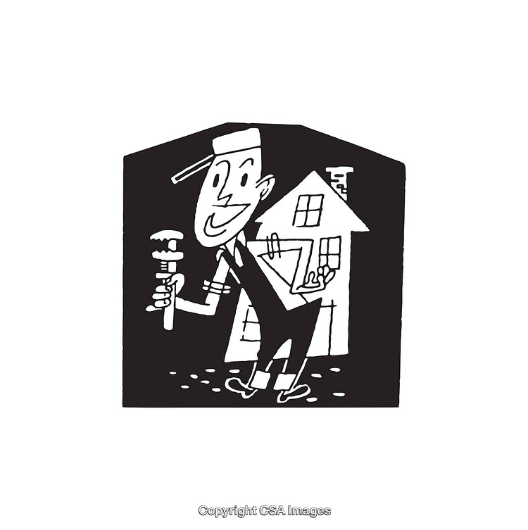 Black and White Line Art Depicting a Handy Worker with a Wrench
