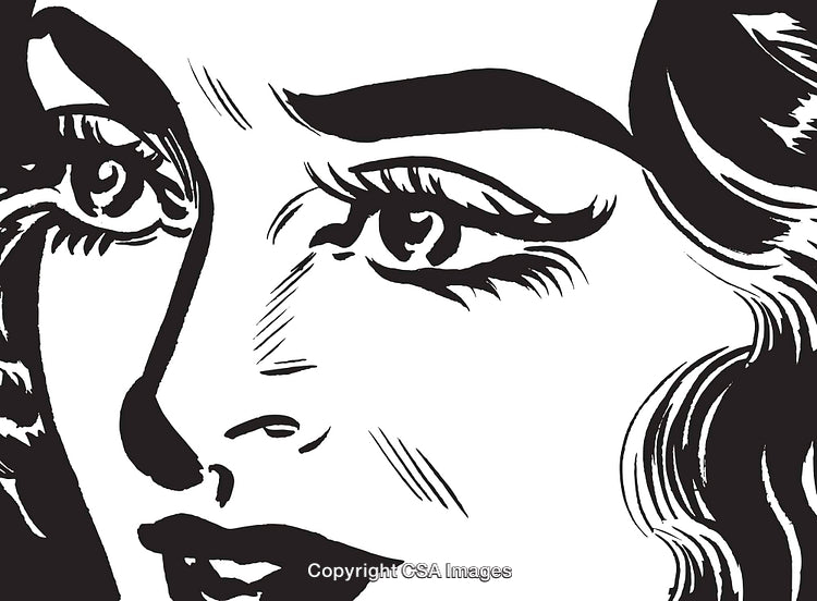 Close-Up Black-and-White Illustration of a Thoughtful Female Face