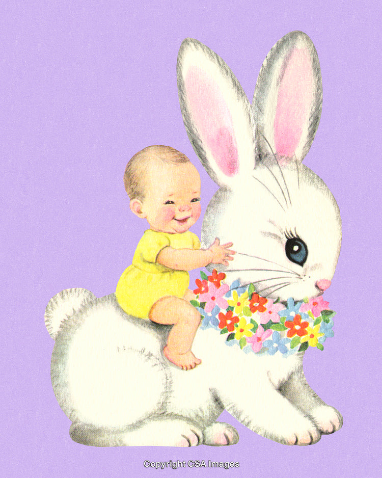 Adorable Baby on Rabbit With Floral Garland Illustration