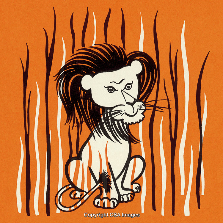 Playful Illustrated Lion in a Vibrant Orange Savannah Setting