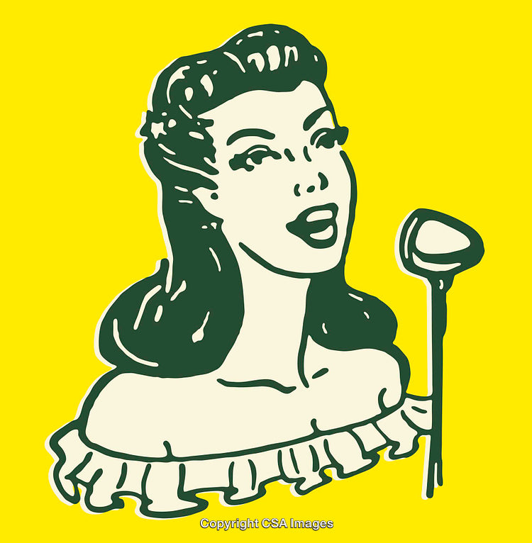 Retro Illustration of a Female Singer with Microphone on Yellow Background
