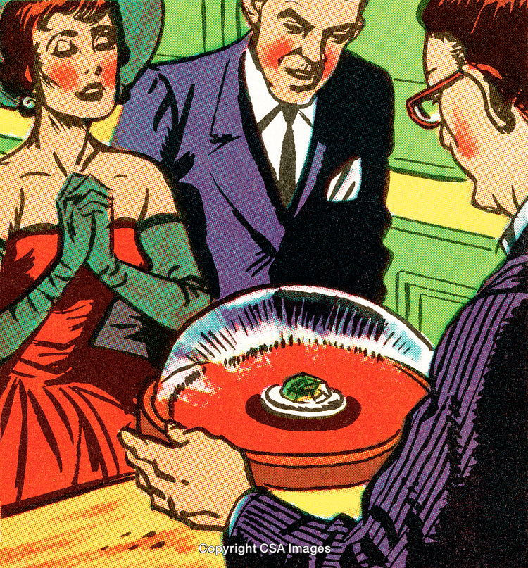 Colorful Comic Style Scene Depicting Elegant Dining Interaction