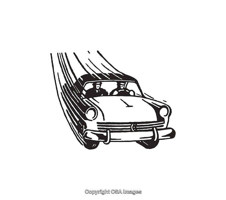 Retro Car Illustration Featuring Two People Driving in Motion Lines