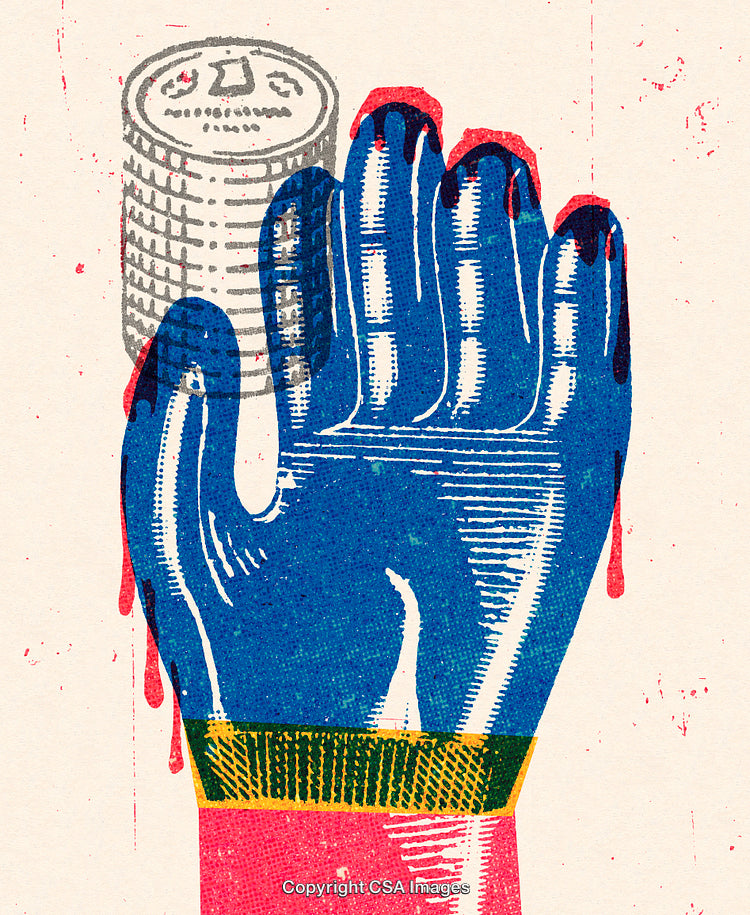 Colorful Artistic Graphic of Hand with Coins and Financial Symbolism