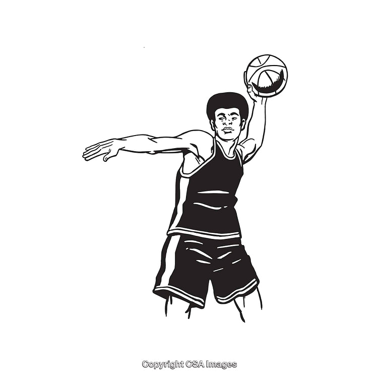 Black and White Illustration of a Basketball Player With Ball