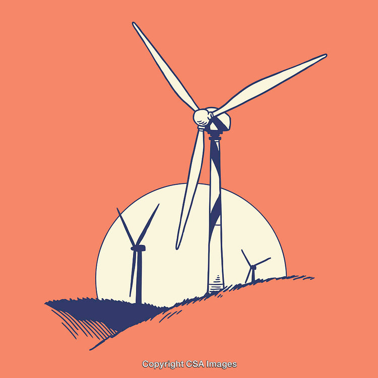 Stylized Line Art of Wind Turbines Against a Bright Background