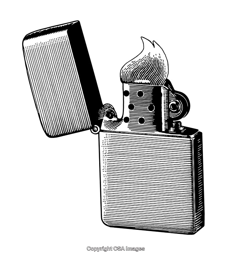 Detailed Illustration of a Lighter with Open Flame in Engravings