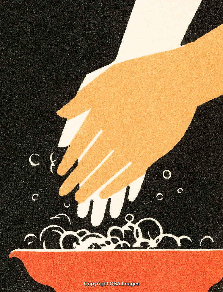 Vintage Artwork of Handwashing with Soap Bubbles in a Red Basin