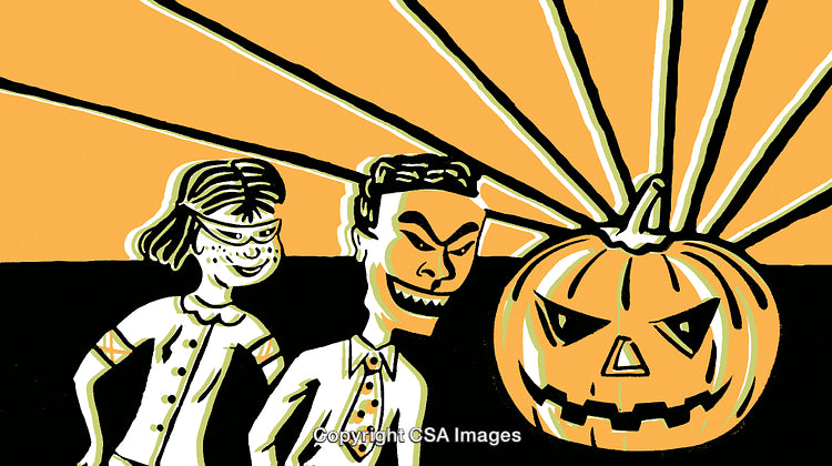 Halloween Themed Illustration Featuring Characters with a Jack-O'-Lantern Pumpkin