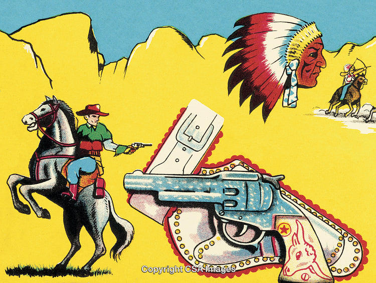 Colorful Western Inspired Illustration With Cowboy, Horse, and Native American Motifs