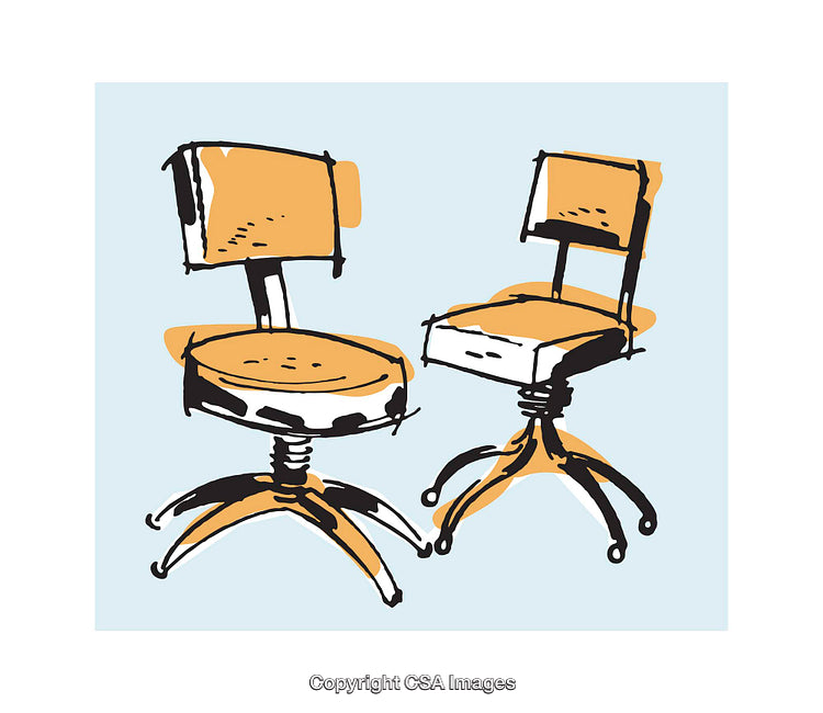 Stylized Illustration of Two Retro Office Swivel Chairs in Vibrant Colors
