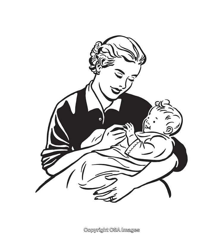 Black and White Line Art of a Mother Holding Her Baby