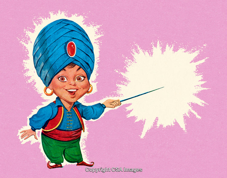 Cartoon Character in Vibrant Outfit Holding a Magical Wand on Colorful Background