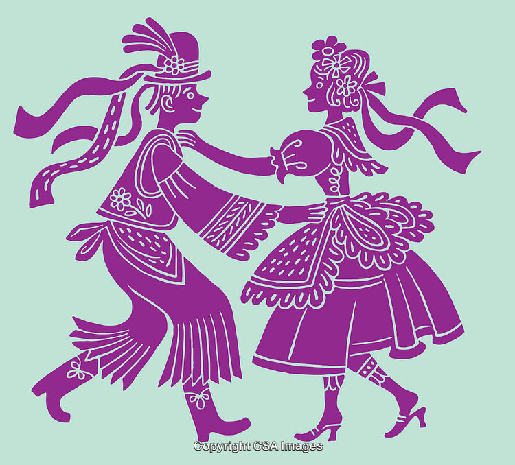 Purple Folk Art Dancers on Light Teal Background in Traditional Decorative Style
