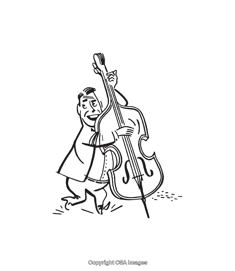 Black and White Line Art of Musician Playing Double Bass with Enthusiasm