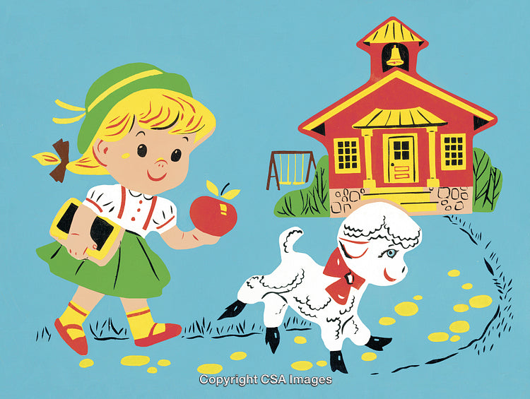 Cheerful Children and Lamb Illustration with Schoolhouse in Whimsical Style