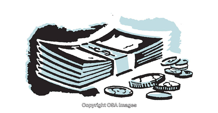 Illustration of Stacked Banknotes and Coins in an Artistic Style