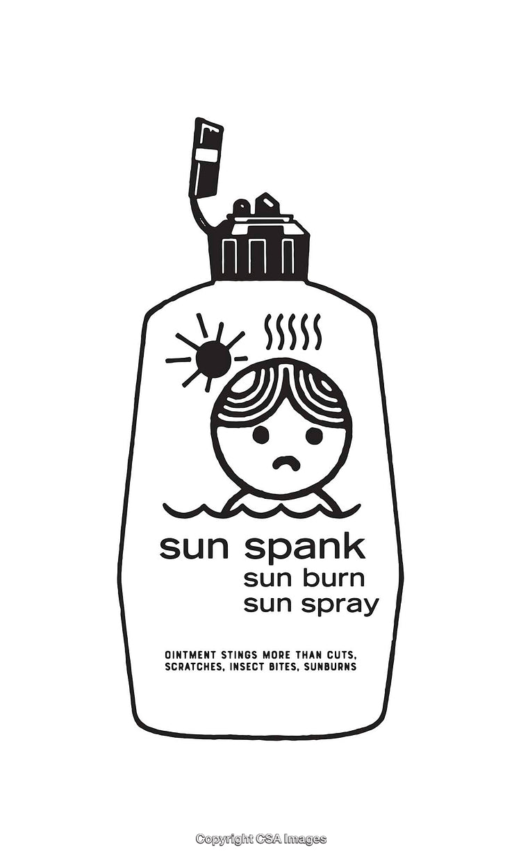 Humorous Sunscreen Line Art Label with Sad Cartoon Illustration