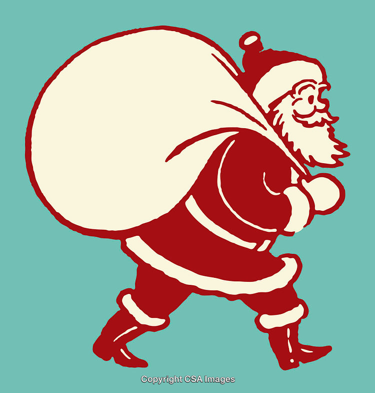 Vintage Illustration of Santa Claus Carrying a Sack Full of Gifts