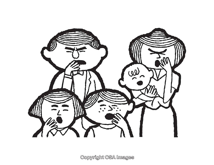 Black-and-White Line Art of a Yawning Family Expressing Tiredness