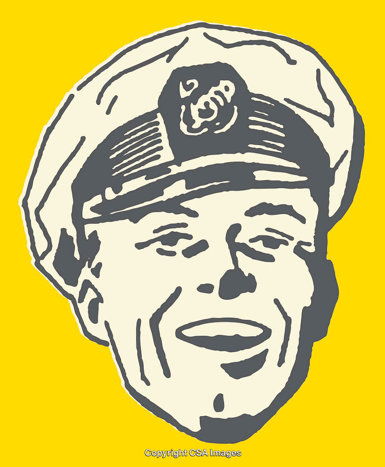 Colorful Line Art Illustration of a Smiling Sailor's Face on Yellow Background