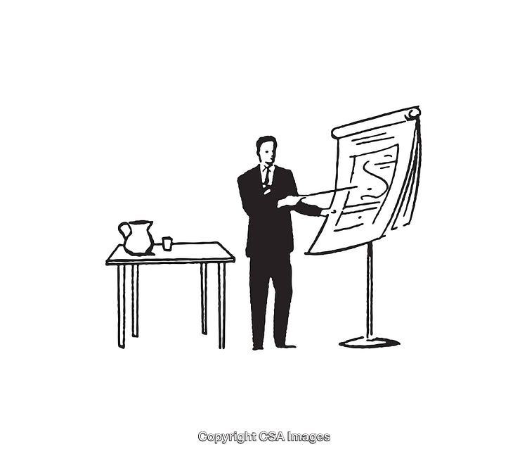 Black and White Illustration of a Business Presentation on Flipchart