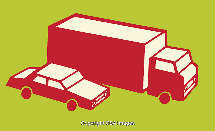 Minimalist Line Art of a Car and Truck in Red and Green