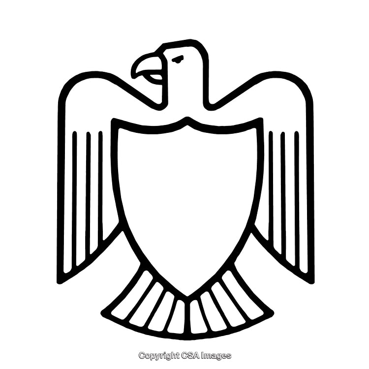 Black and White Outline of a Stylized Eagle with Shield