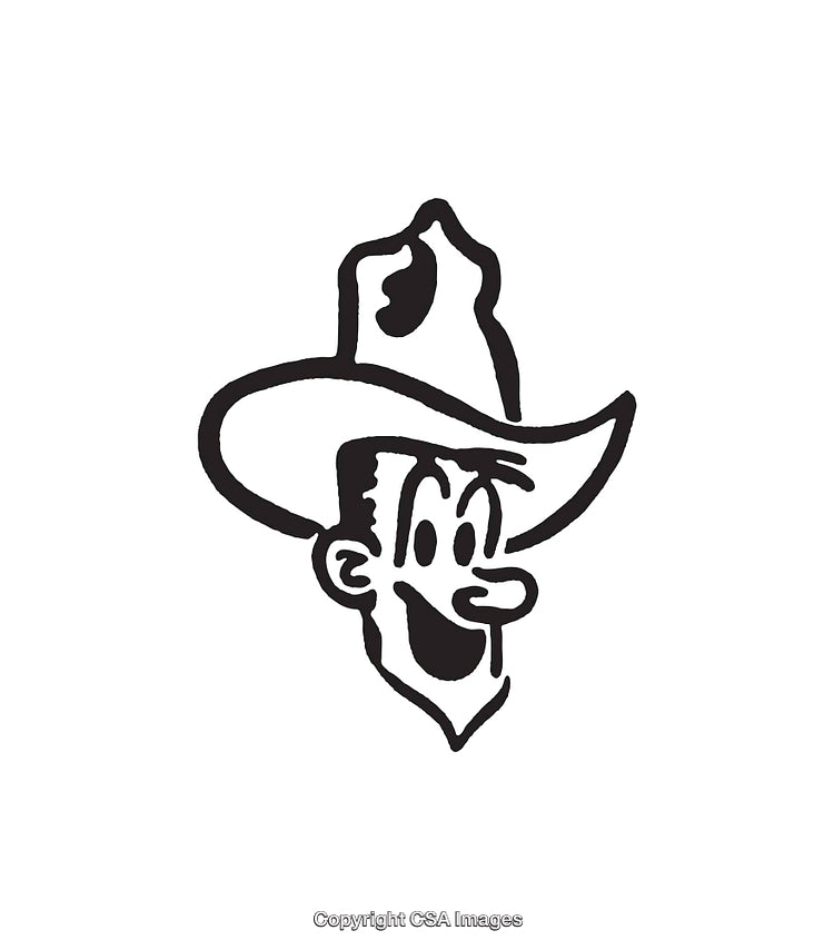 Black and White Line Art of a Cheerful Cowboy Character