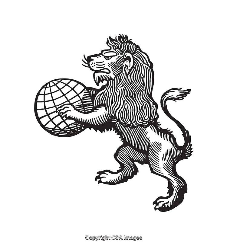 Intricate Black and White Lion Illustration Holding a Globe