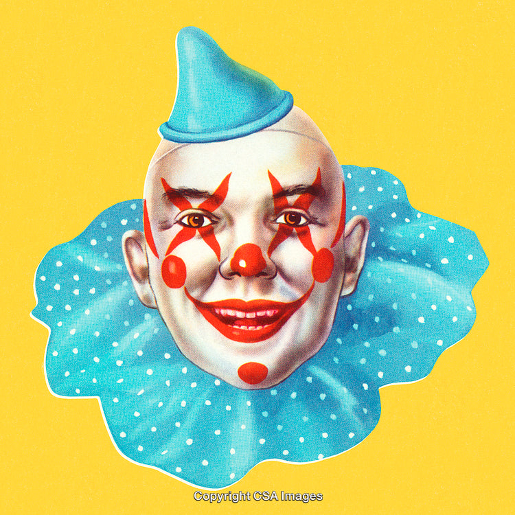 Vintage Clown Illustration on Yellow Background with Blue Ruffled Collar