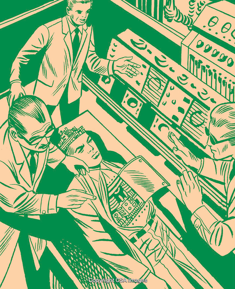 Retro Illustration Depicting Scientists Examining a Humanoid Robot in a Laboratory