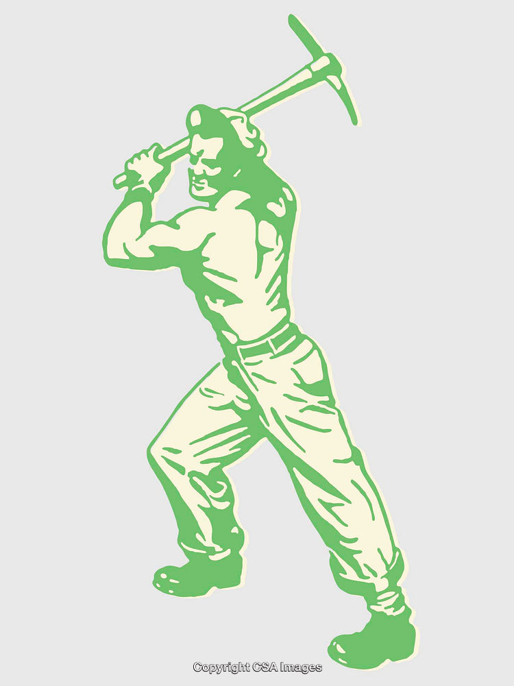Vintage Miner Illustration With Pickaxe in Green and Beige Tones