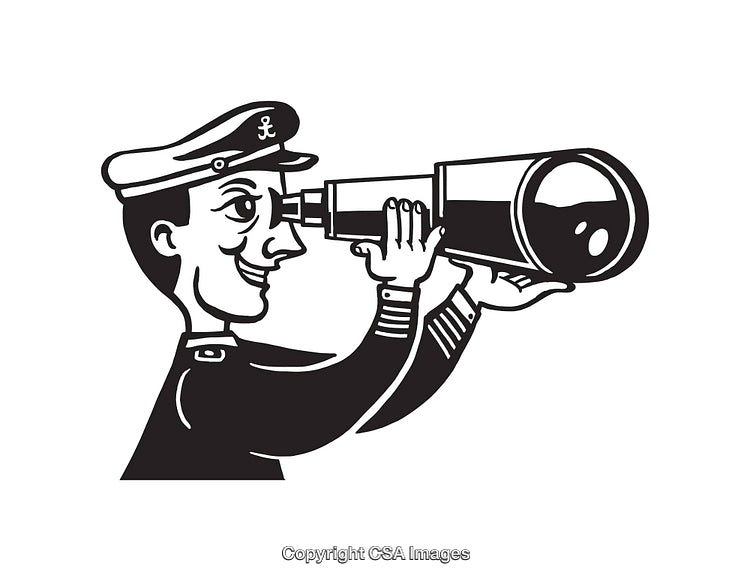 Black And White Line Art Of A Sailor Looking Through A Telescope