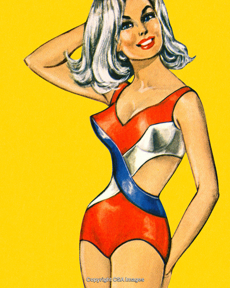 Retro Styled Illustration of Woman in Colorful Swimwear on Yellow Background