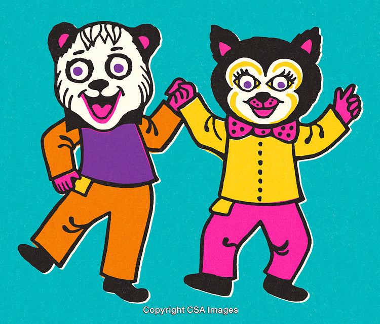 Two Fun Animal Mascots Dancing Together in Colorful Costumes on Blue Background